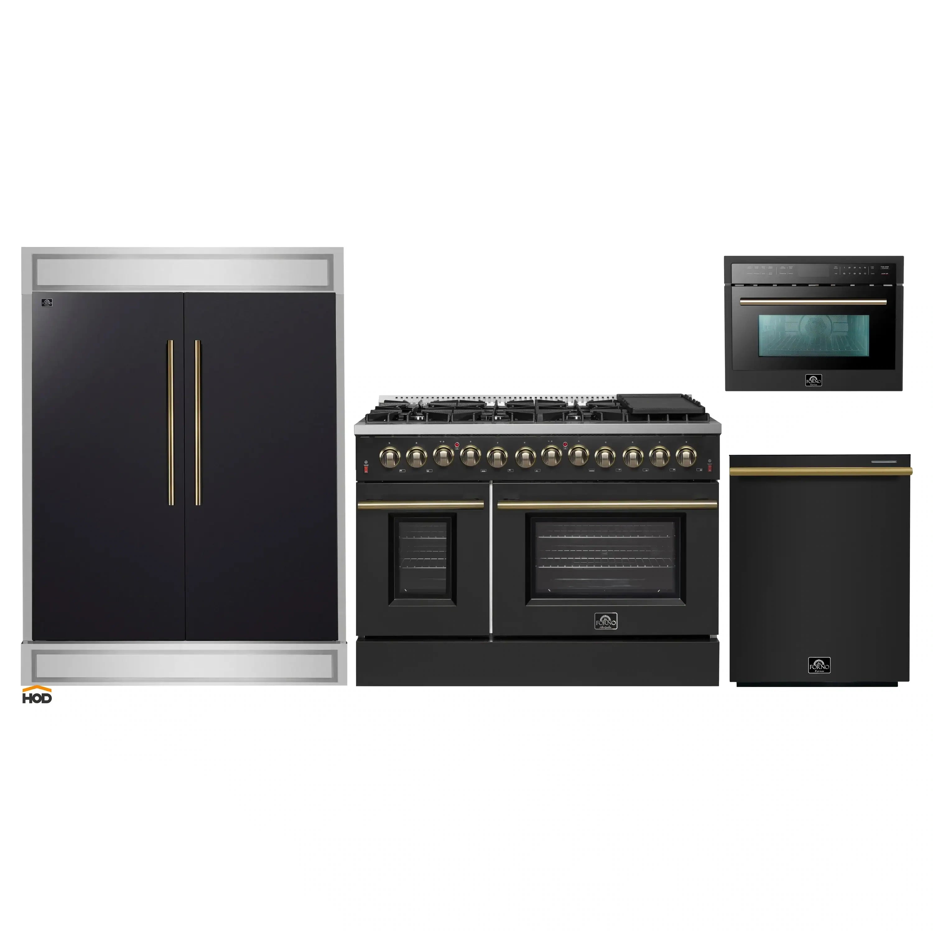 Black appliance set with dual fuel range, refrigerator, microwave, and brass-trim accents
