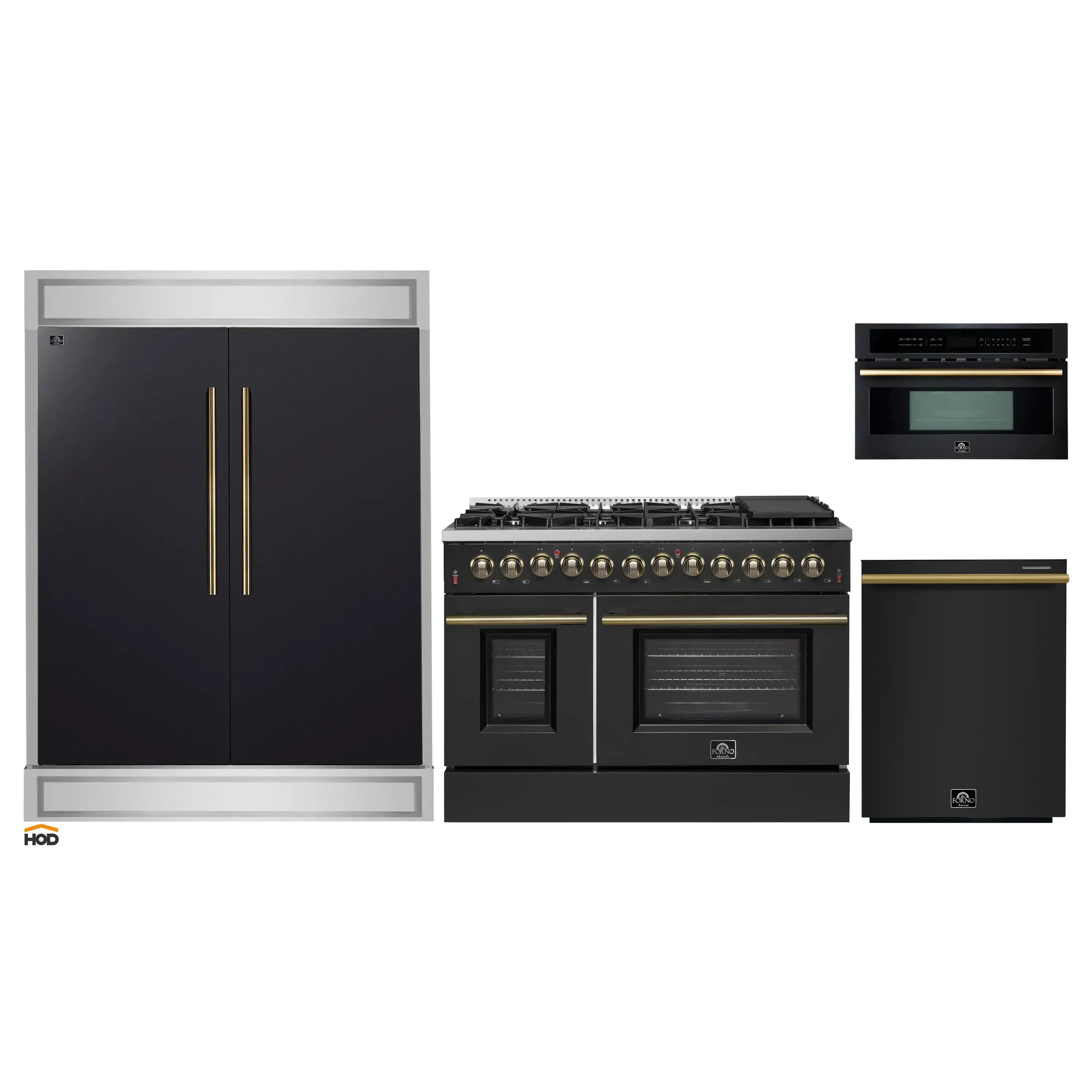 Appliance package with black range, refrigerator, dishwasher, and microwave with brass accents