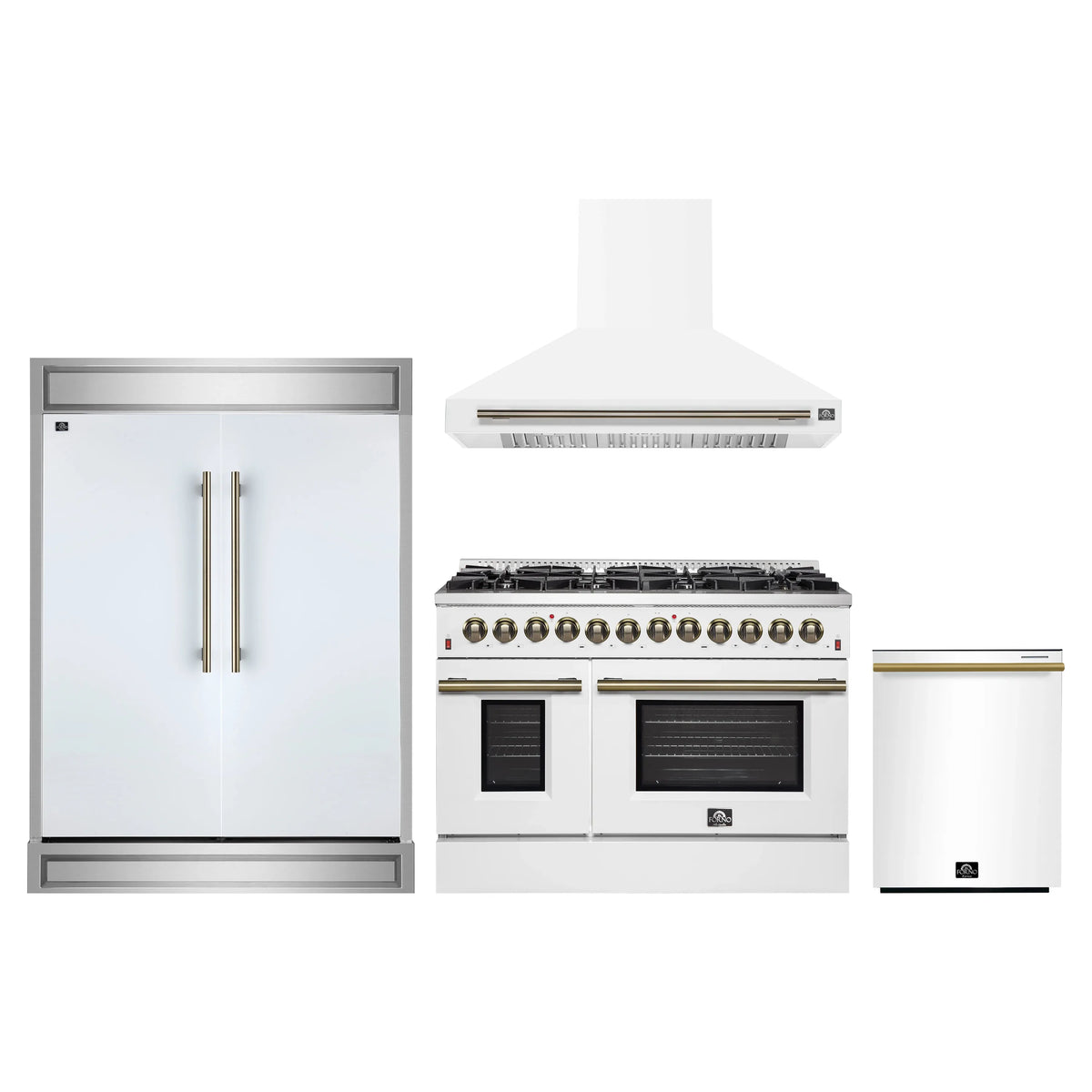 Forno 4-Piece Appliance Package - 48-Inch Dual Fuel Range, Wall Mount Range Hood, 60-Inch Built-In Convertible Refrigerator, and Dishwasher in White with Antique Brass Trim