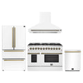 Forno 4-Piece Appliance Package - 48-Inch Dual Fuel Range, Wall Mount Range Hood, 36-Inch French Door Refrigerator, and Dishwasher in White with Antique Brass Trim