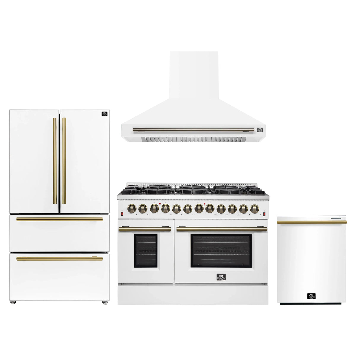 Forno 4-Piece Appliance Package - 48-Inch Dual Fuel Range, Wall Mount Range Hood, 36-Inch French Door Refrigerator, and Dishwasher in White with Antique Brass Trim