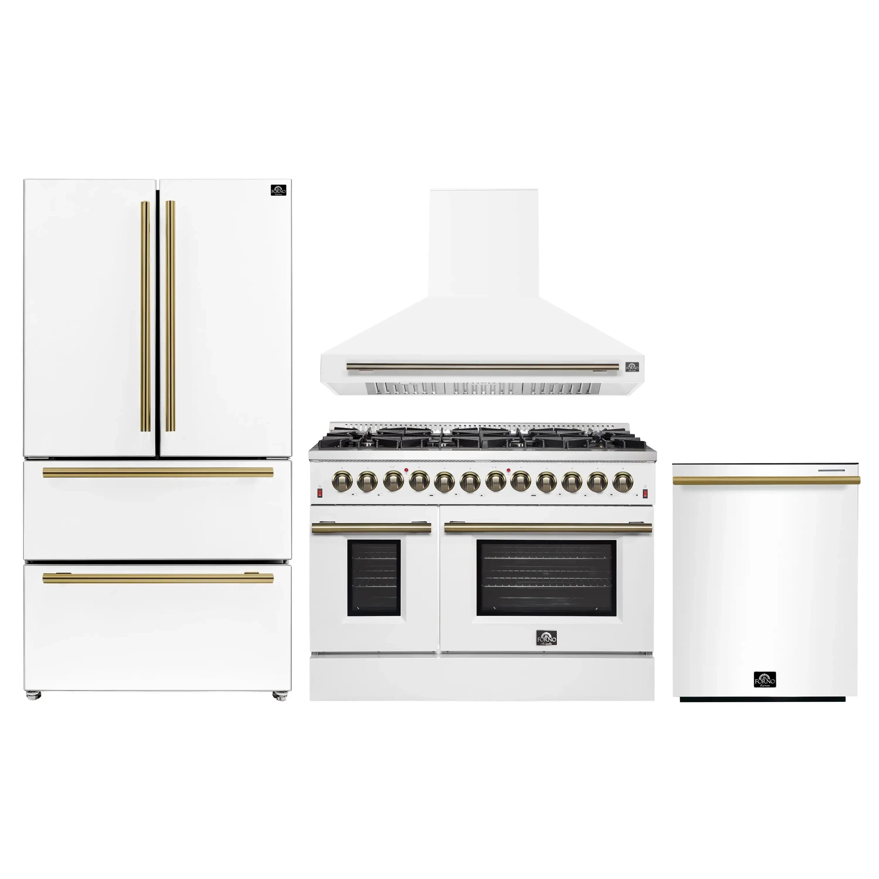 White kitchen appliance package with French-door refrigerator, range, and wall hood