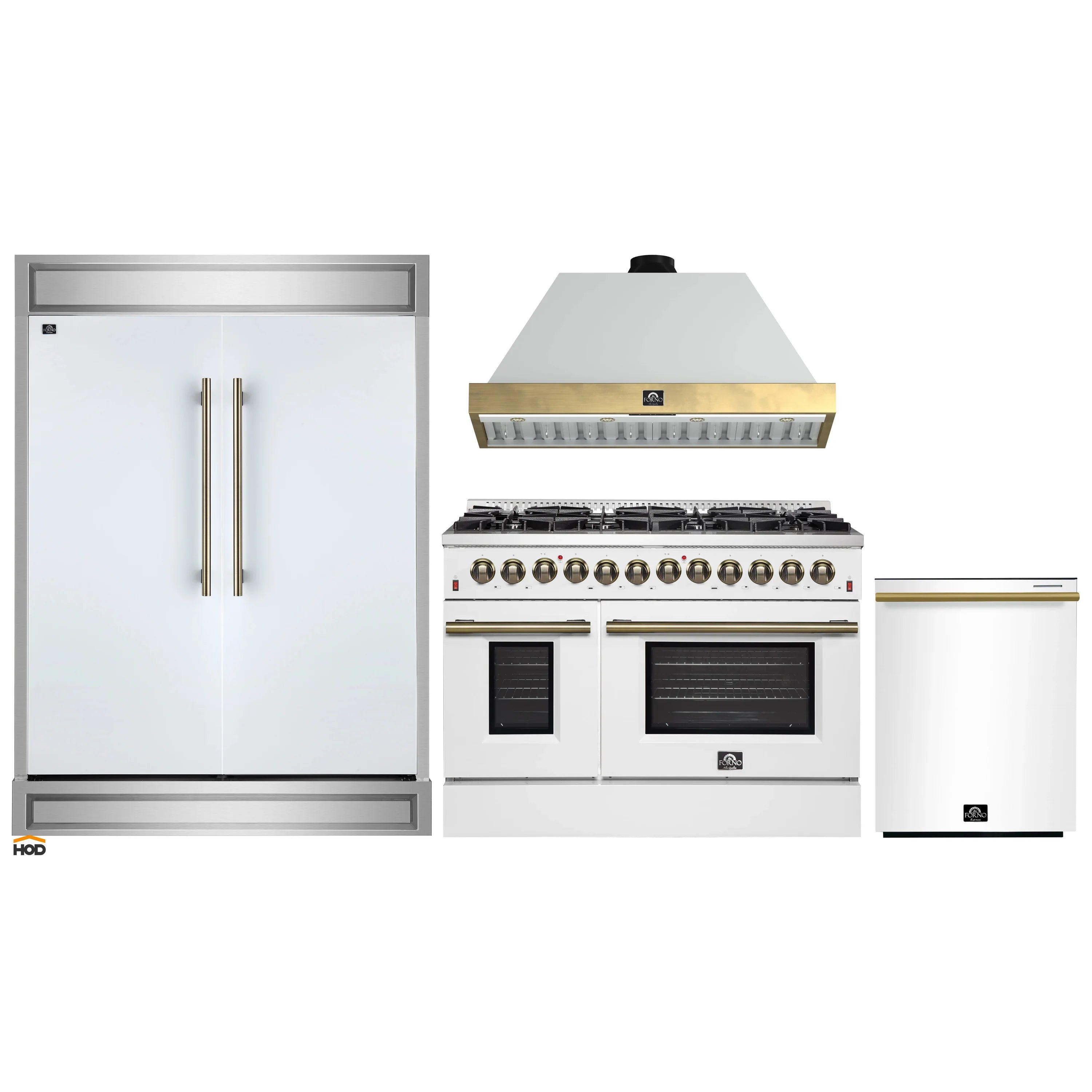 White appliance package: refrigerator, dual-fuel range, matching range hood, and dishwasher