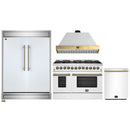 Forno 4-Piece Appliance Package - 48-Inch Dual Fuel Range, Wall Mount Range Hood, 60-Inch Refrigerator, Dishwasher in White with Antique Brass Handle