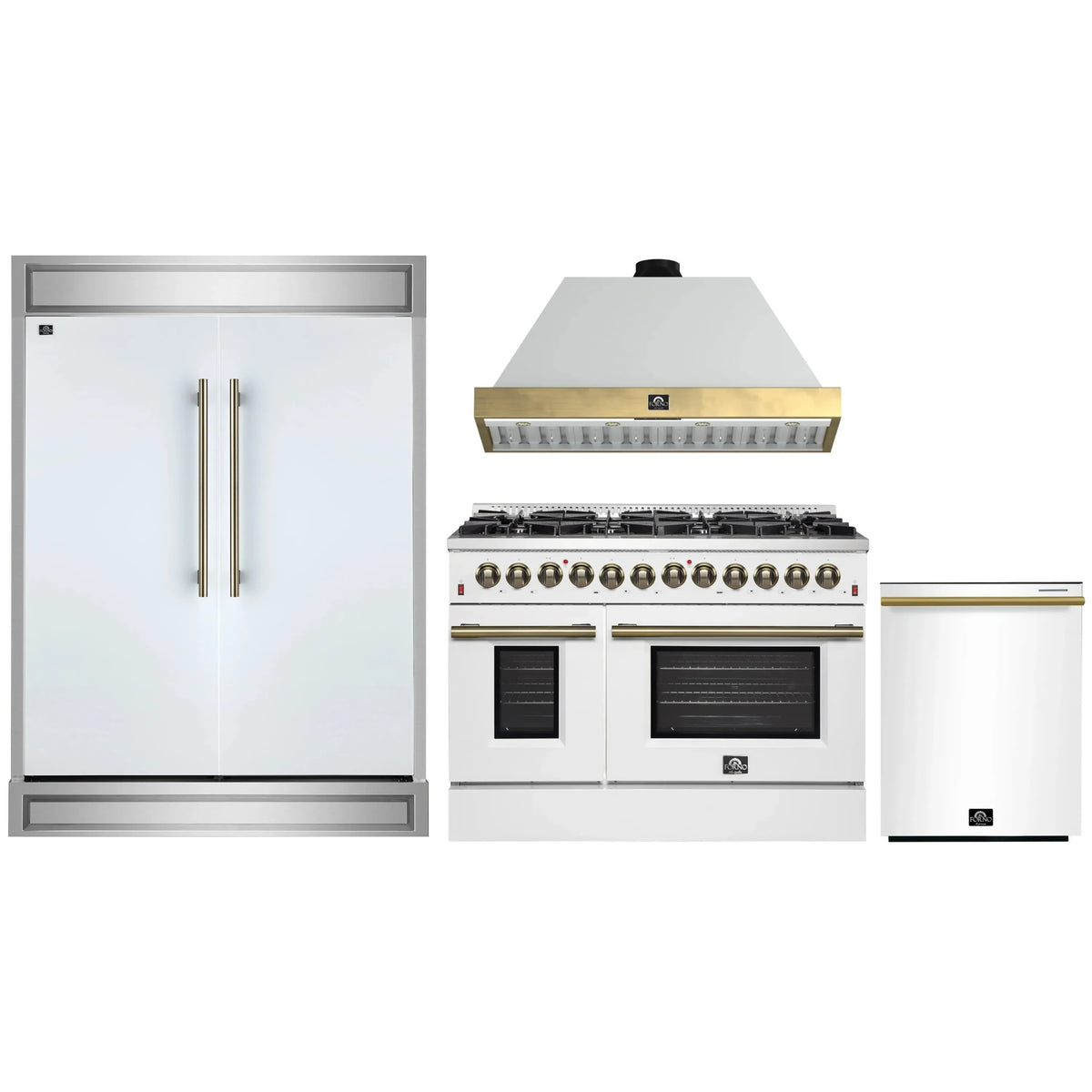 Forno 4-Piece Appliance Package - 48-Inch Dual Fuel Range, Wall Mount Range Hood, 60-Inch Refrigerator, Dishwasher in White with Antique Brass Trim