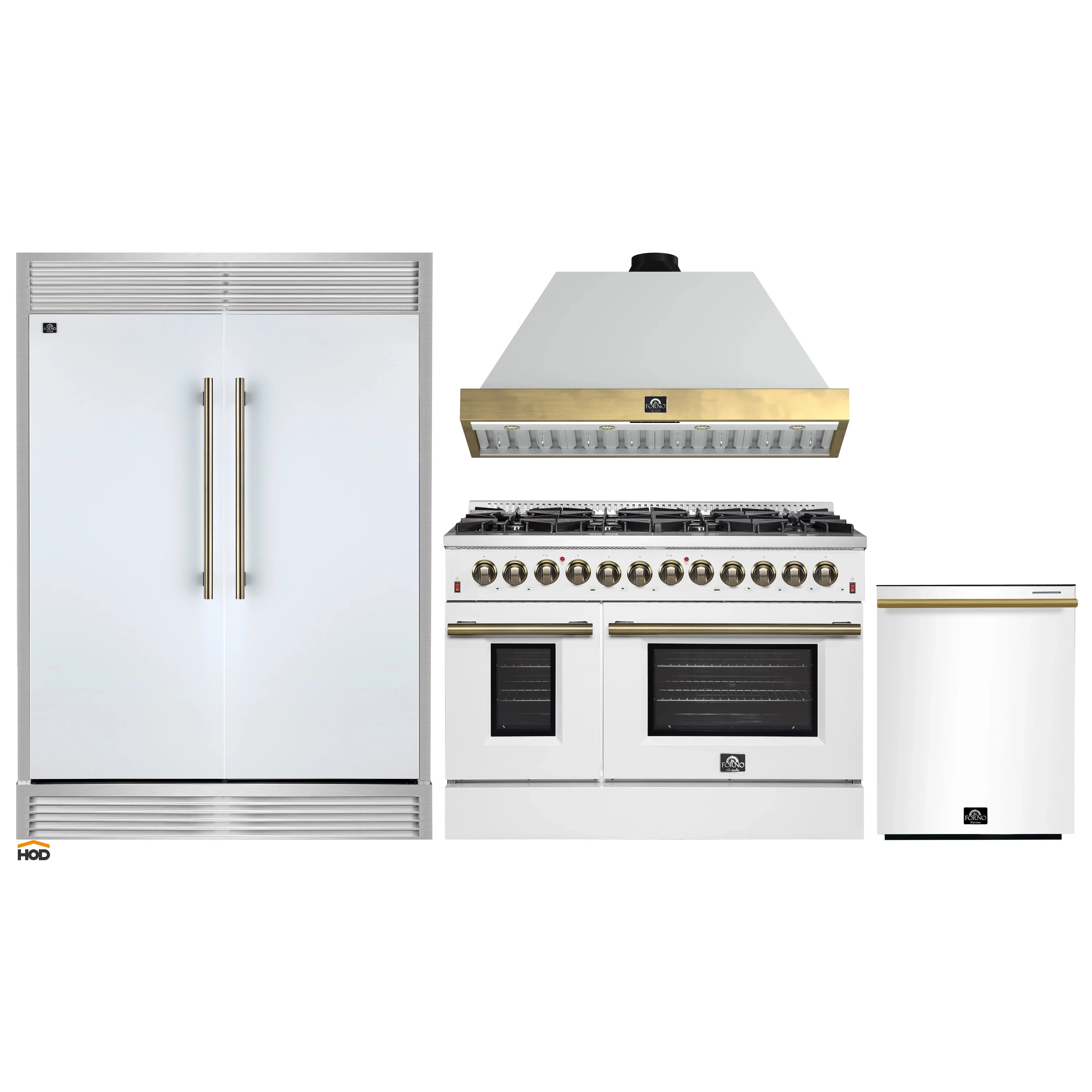 White refrigerator and white dual fuel range with brass accents and range hood