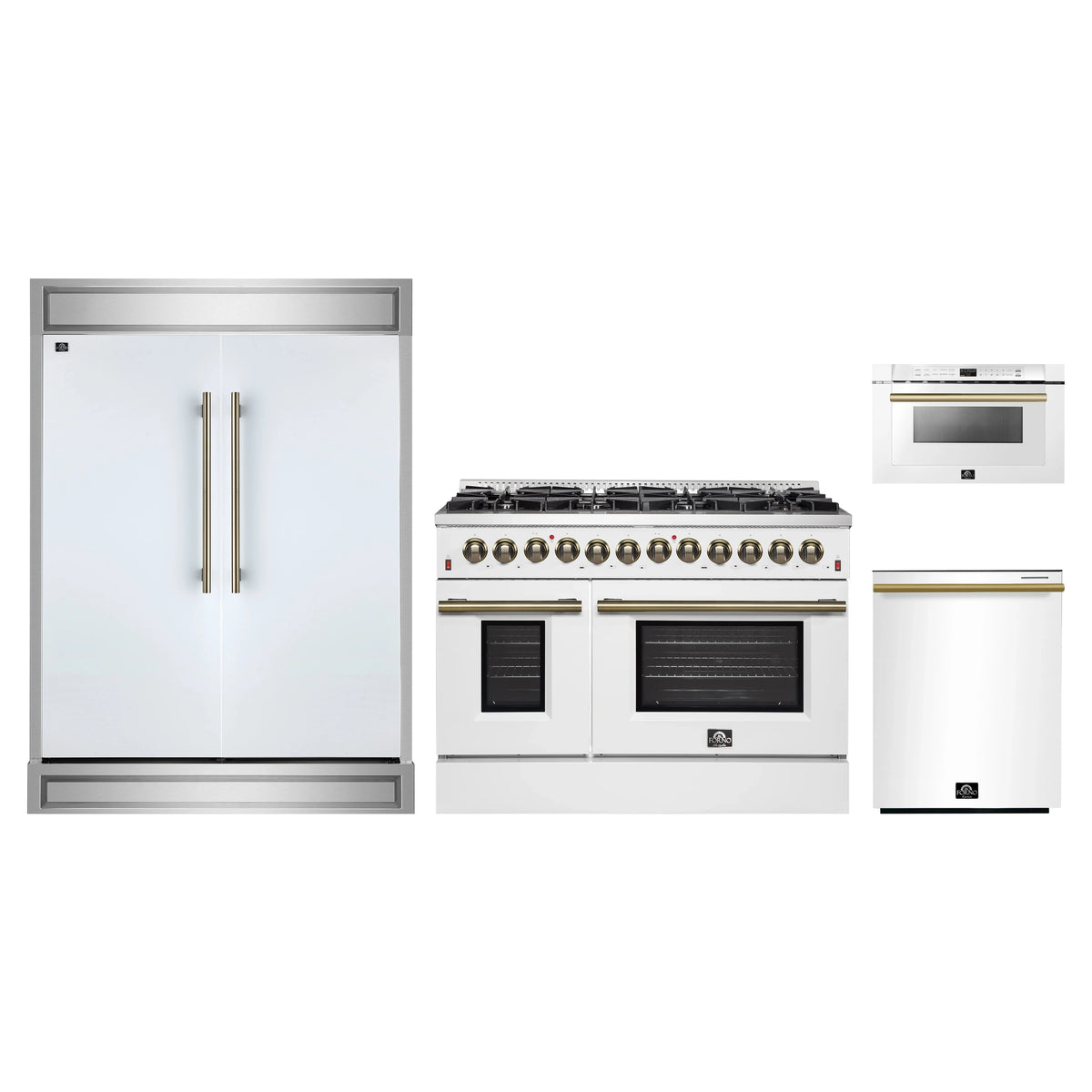 Forno 4-Piece Appliance Package - 48-Inch Dual Fuel Range, 60-Inch Refrigerator, Dishwasher, & 24-Inch Microwave Drawer in White with Antique Brass Trim