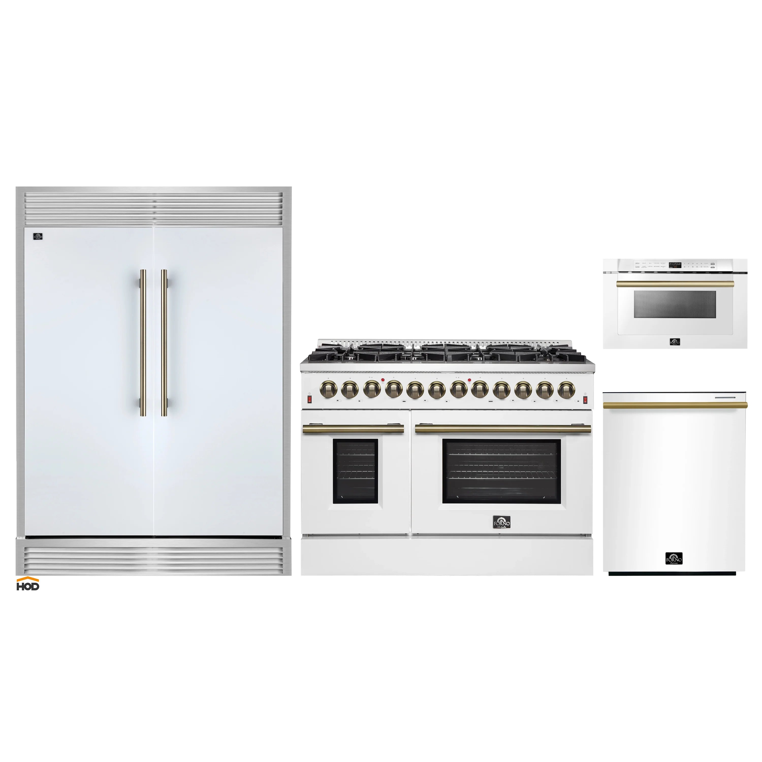 Forno appliance package in white: refrigerator, range, dishwasher, and microwave drawer