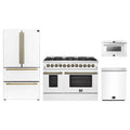 Forno 4-Piece Appliance Package - 48-Inch Dual Fuel Range, 36-Inch Refrigerator, 24-Inch Microwave Drawer, & Dishwasher in White with Antique Brass Trim