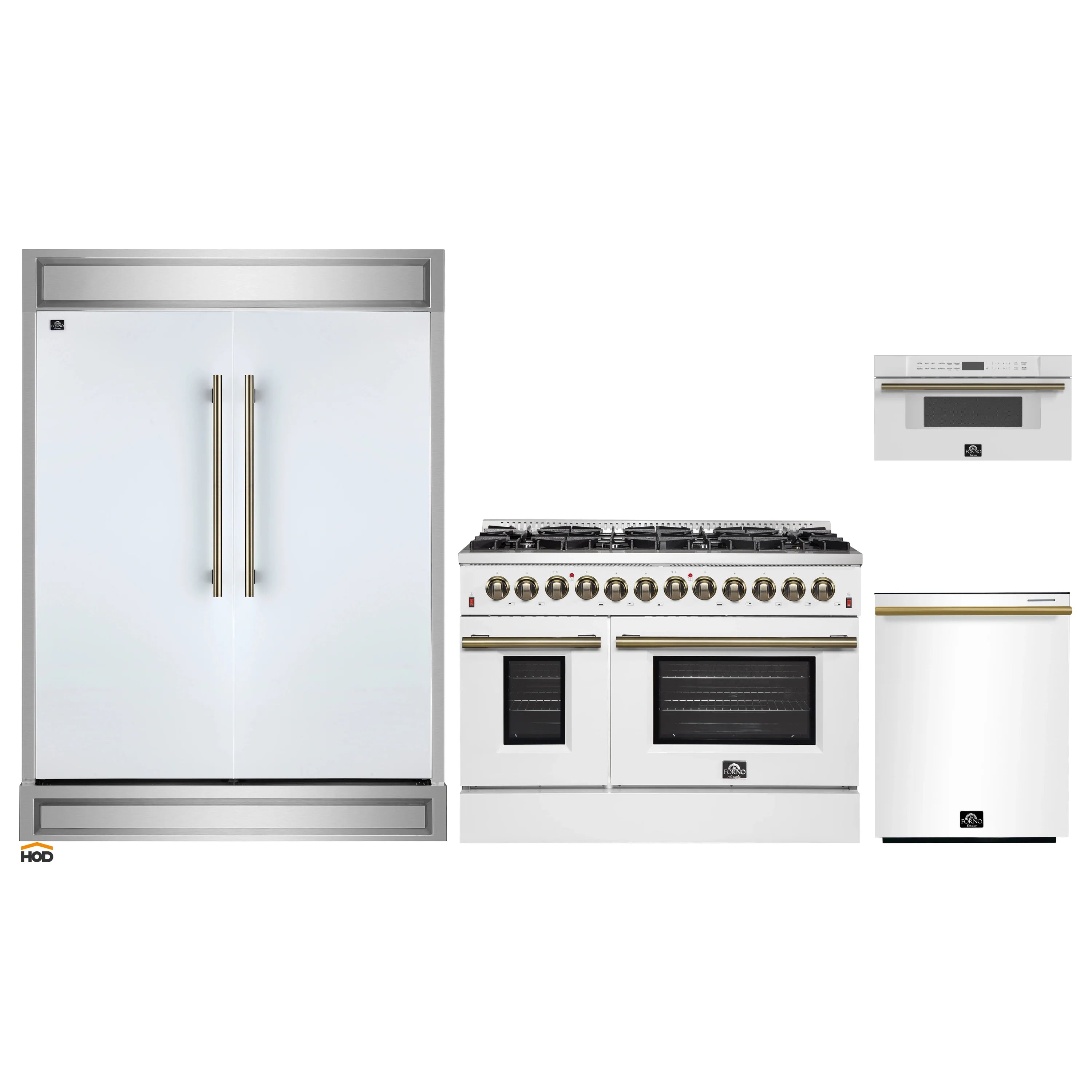 Appliance set: stainless fridge, dual fuel range, and white microwave drawer