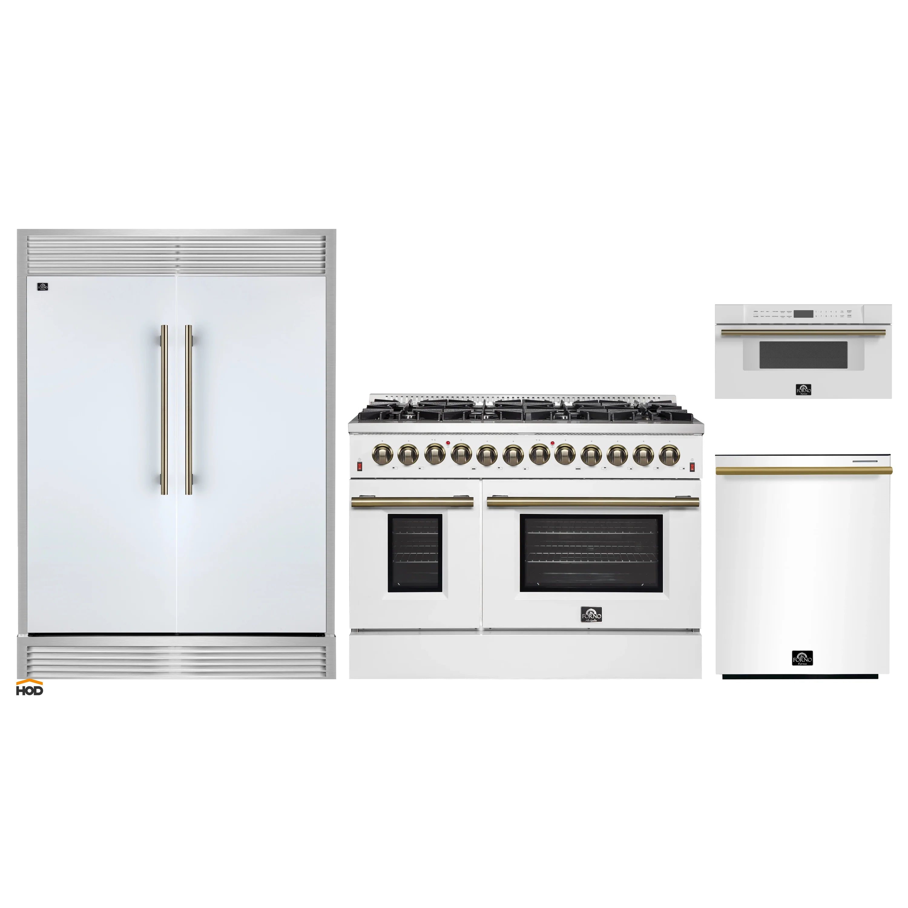 White dual fuel range with gold control knobs, oven doors, and griddle
