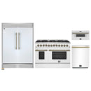 Forno 4-Piece Appliance Package - 48-Inch Galiano Dual Fuel Range, 60-Inch Refrigerator, Dishwasher, & 30-Inch Microwave Drawer in White with Antique Brass Handle