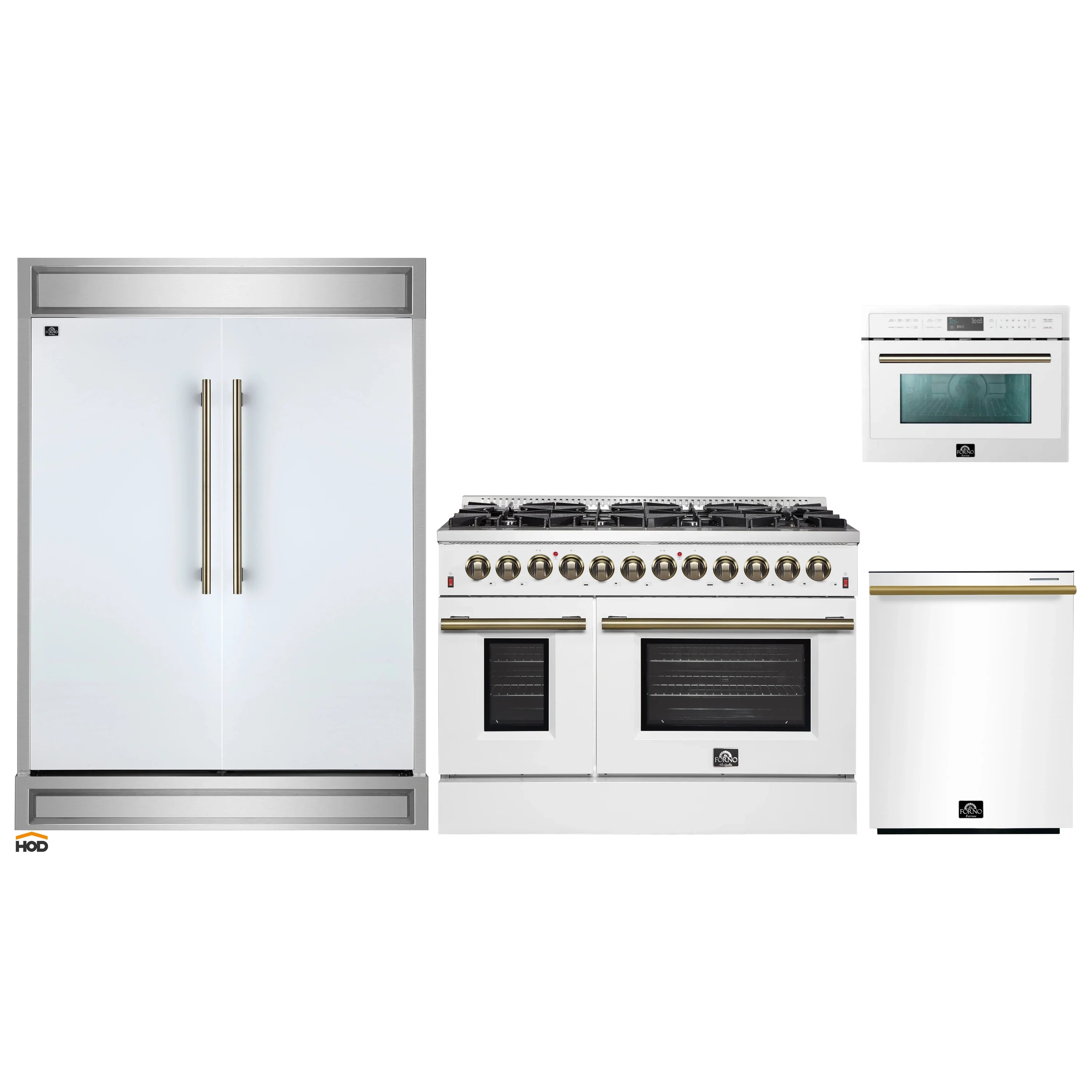White 4-piece kitchen appliance set with refrigerator, range, dishwasher, and microwave