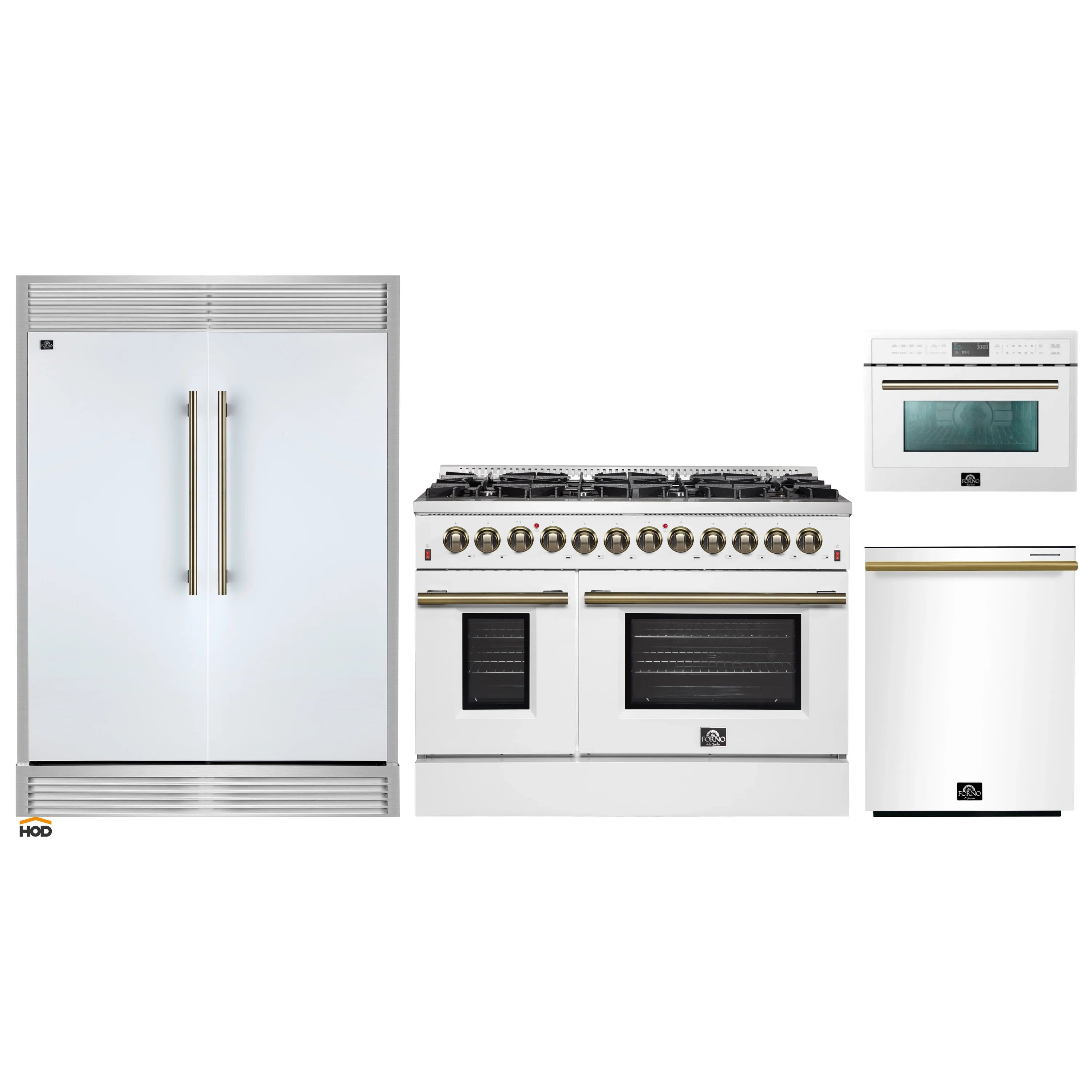 Appliance package: white refrigerator, range, and microwave with brass accents