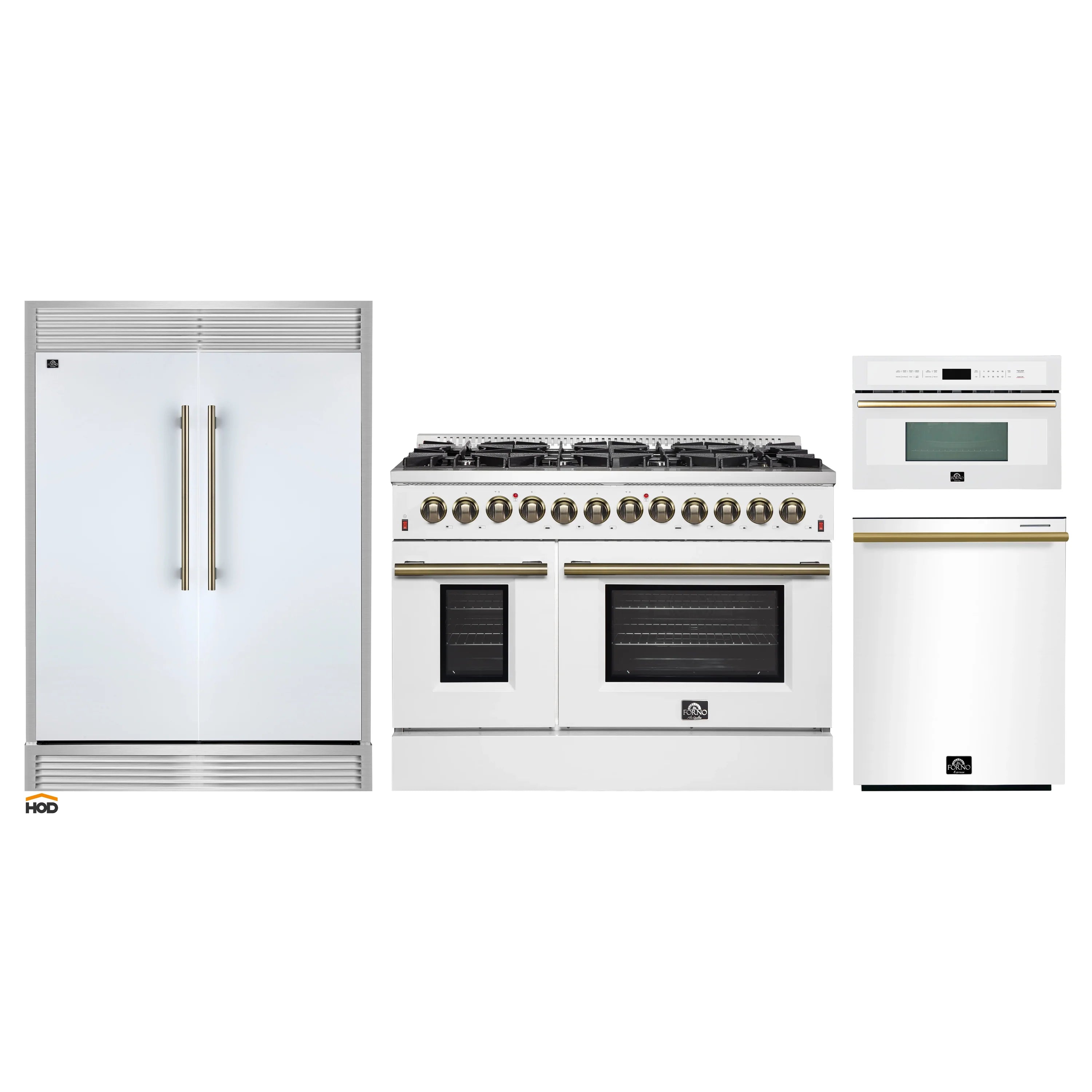White appliance package with refrigerator, dual-fuel range, and dishwasher