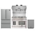 Forno 4-Piece Appliance Package - 48-Inch Dual Fuel Range, Refrigerator, Wall Mount Hood with Backsplash, & 3-Rack Dishwasher in Stainless Steel