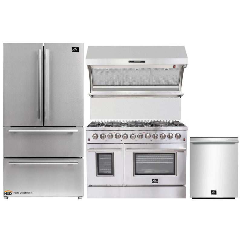 Forno 4-Piece Appliance Package - 48-Inch Dual Fuel Range, Refrigerator, Wall Mount Hood with Backsplash, & 3-Rack Dishwasher in Stainless Steel