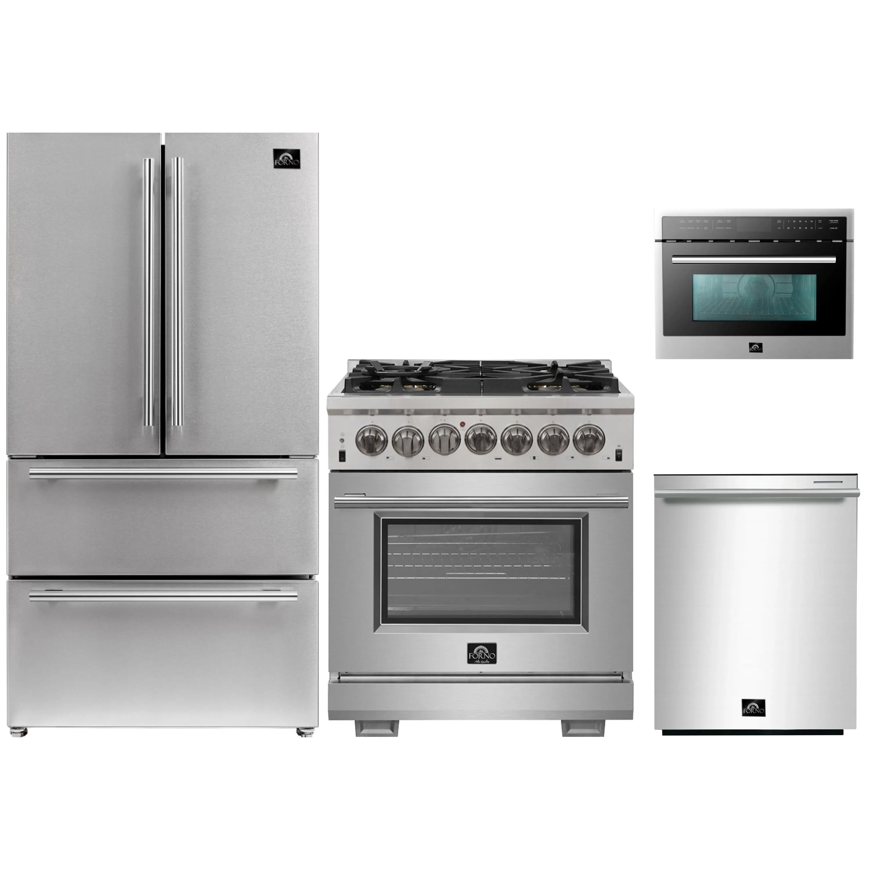 Stainless steel appliance bundle with refrigerator, dual-fuel range, and microwave