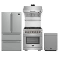 Forno 4-Piece Pro Appliance Package - 30-Inch Dual Fuel Range, Premium Hood, French Door Refrigerator, and Dishwasher in Stainless Steel