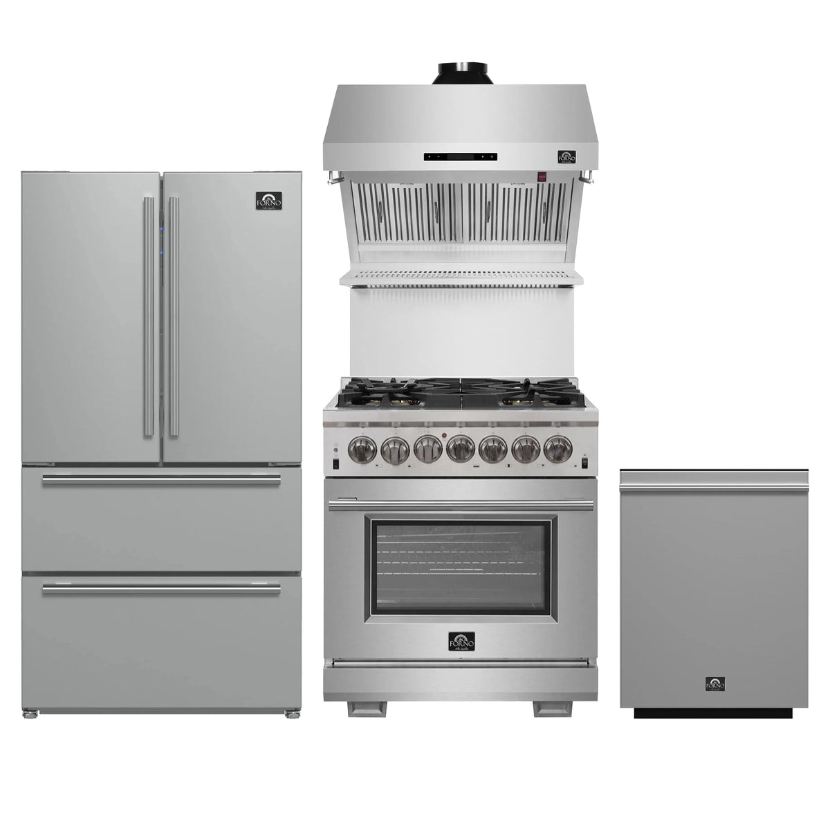 Forno 4-Piece Pro Appliance Package - 30-Inch Dual Fuel Range, Premium Hood, French Door Refrigerator, and Dishwasher in Stainless Steel