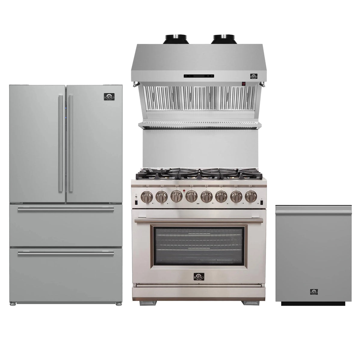 Forno 4-Piece Pro Appliance Package - 36-Inch Dual Fuel Range, French Door Refrigerator, Wall Mount Hood with Backsplash, and Dishwasher in Stainless Steel