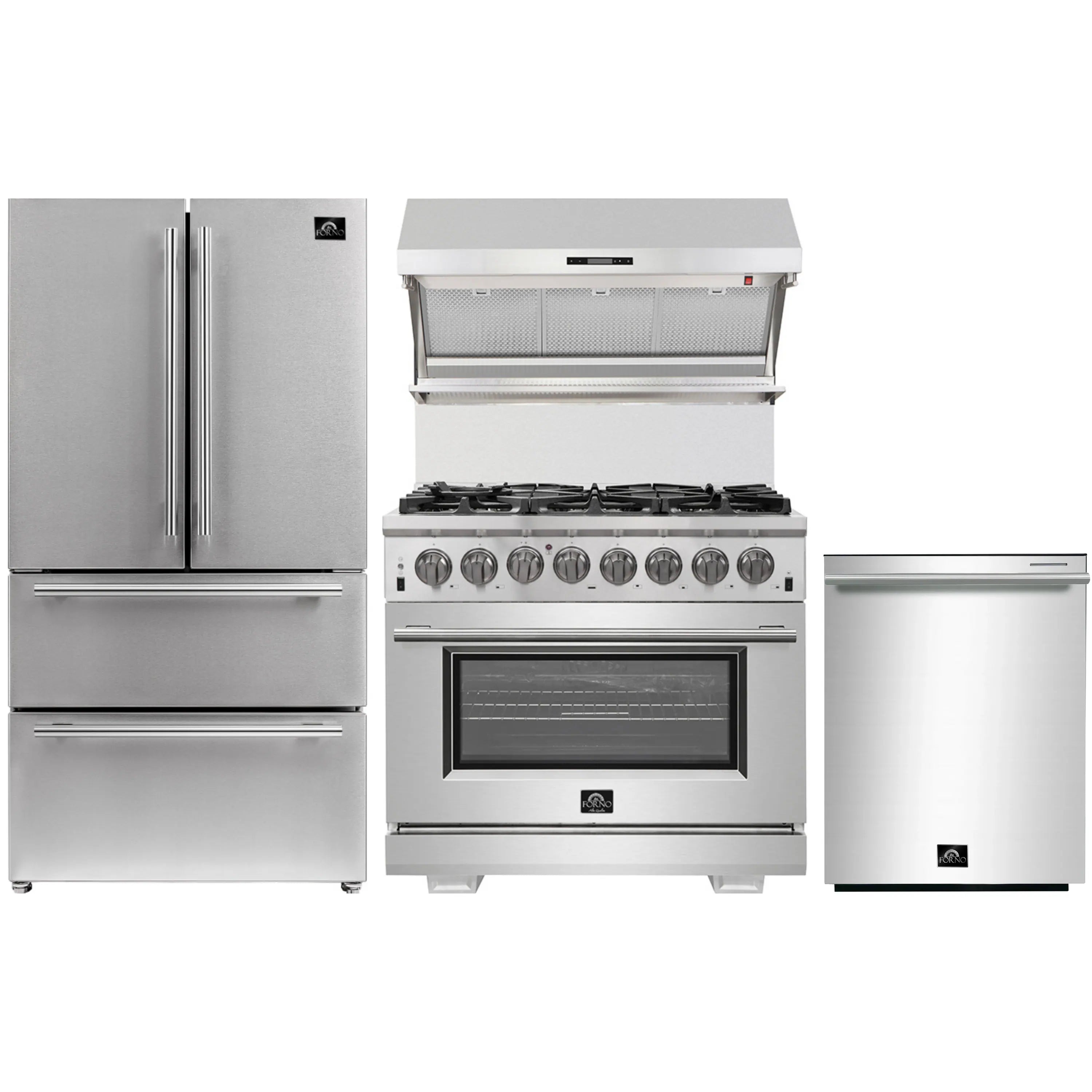 Stainless steel appliance set with dual fuel range, side-by-side refrigerator, and dishwasher