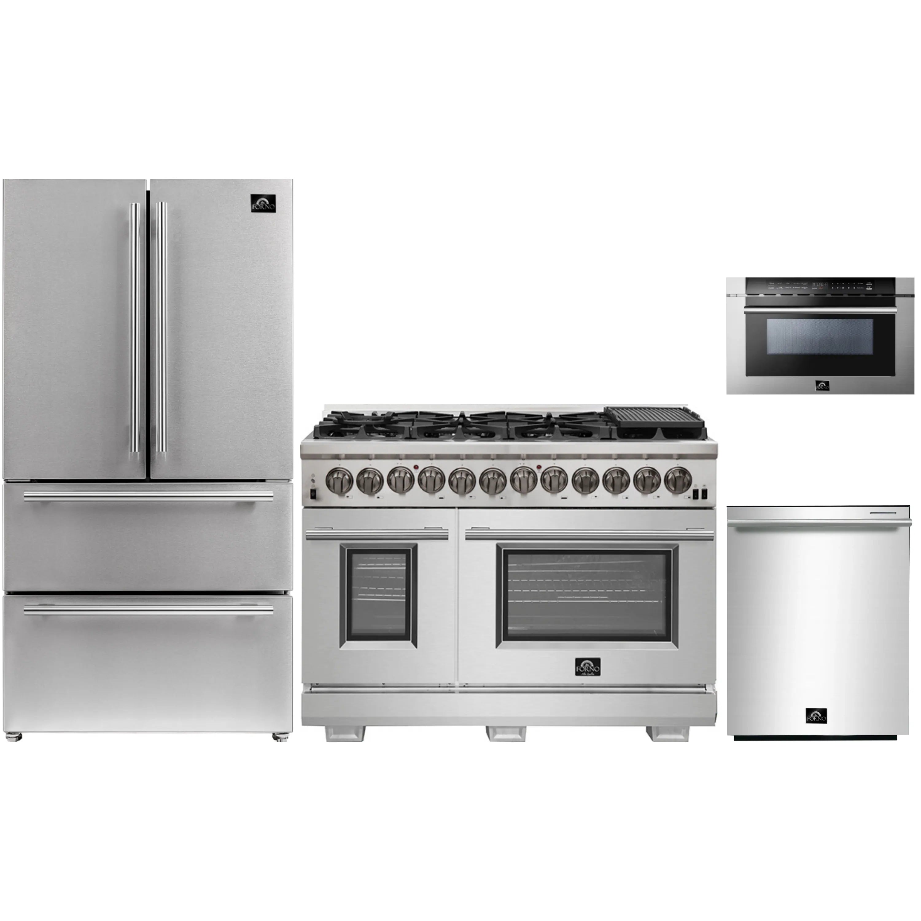 Stainless steel appliance package with refrigerator, dual fuel range, microwave drawer, dishwasher