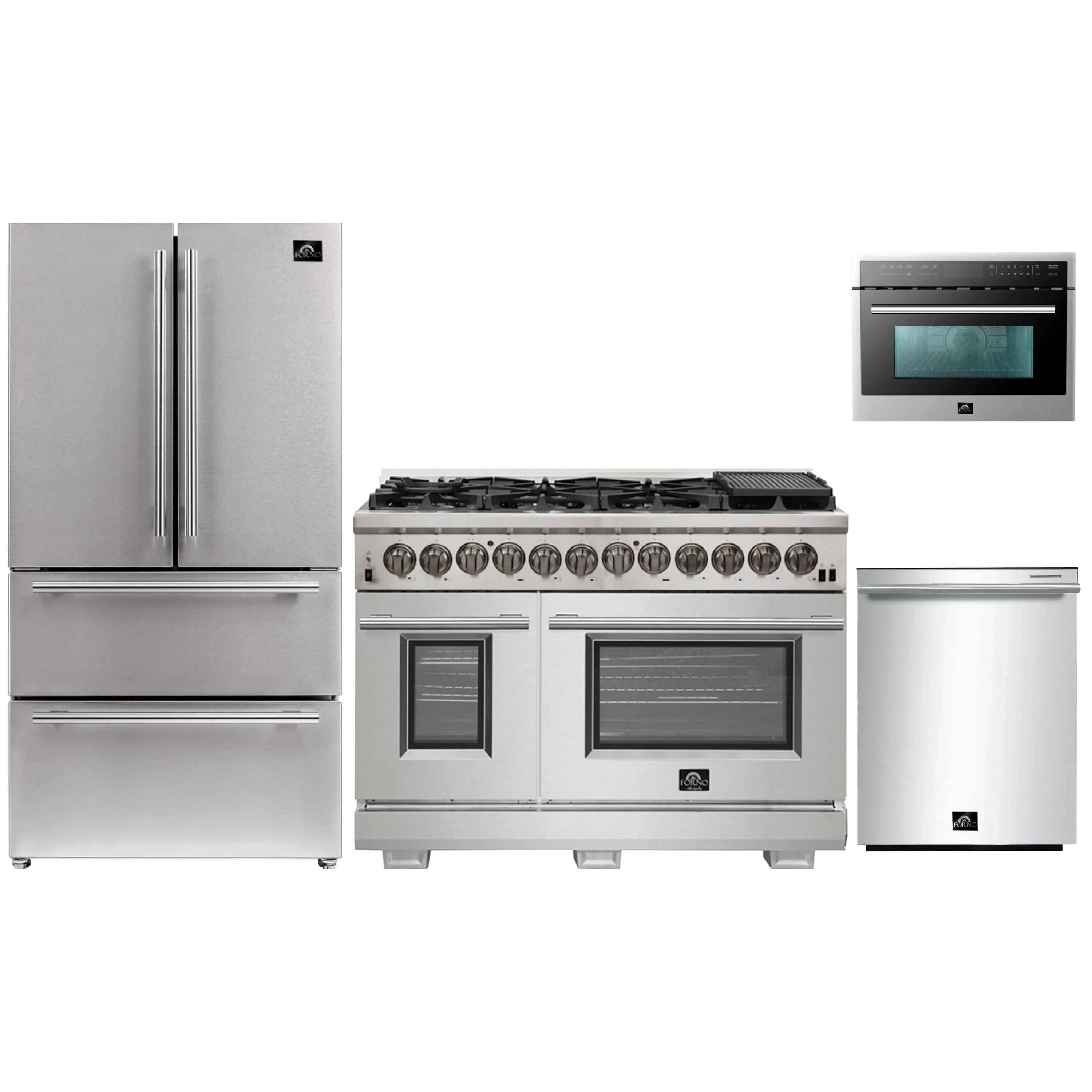 Stainless steel appliance package: dual fuel range, refrigerator, microwave, and dishwasher.