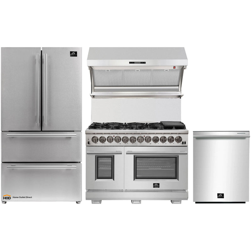 Forno 4-Piece Pro Appliance Package - 48-Inch Dual Fuel Range, 36-Inch French Door Refrigerator, Wall Mount Hood with Backsplash, & Dishwasher in Stainless Steel