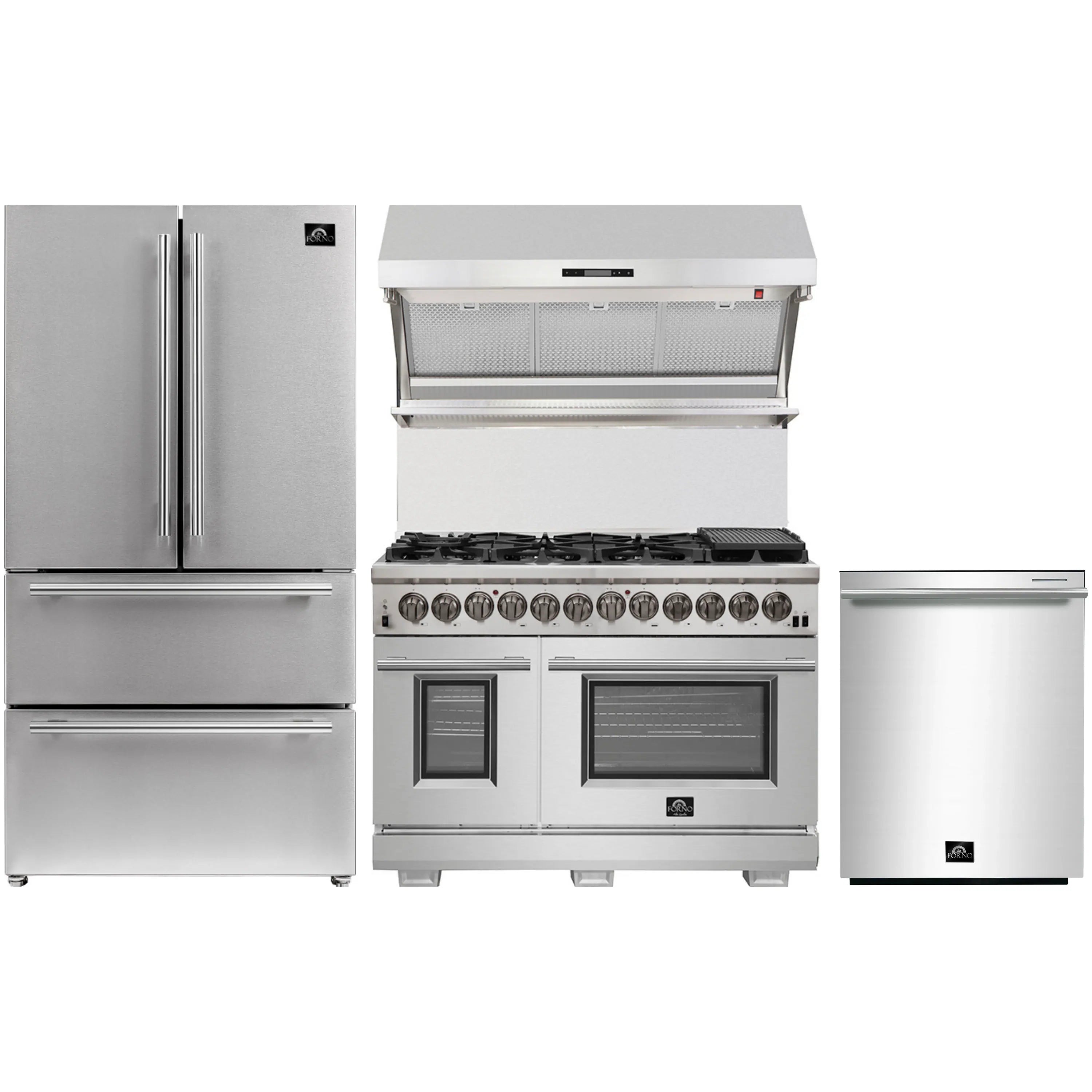 Stainless steel kitchen appliance set: range, hood, refrigerator, and dishwasher