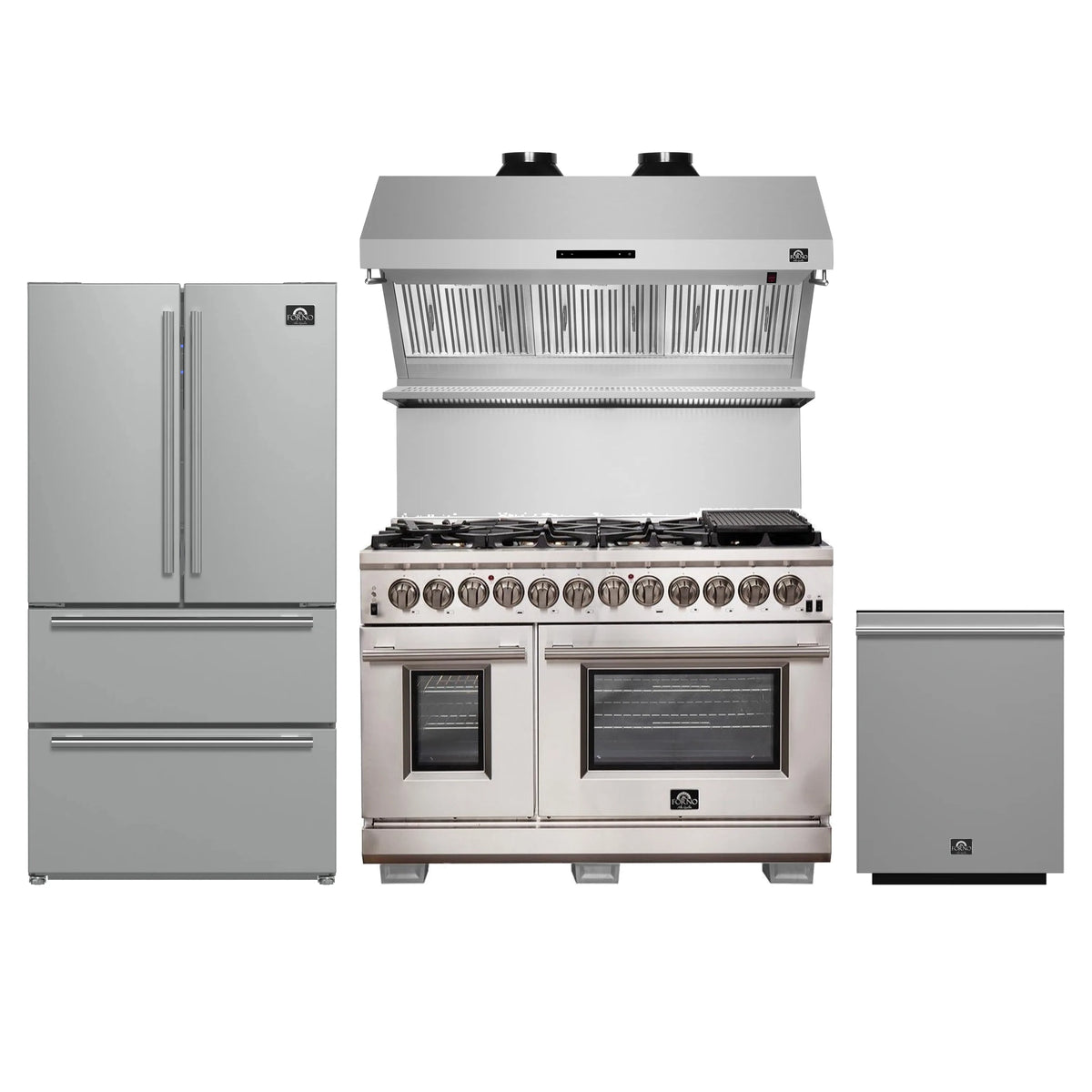 Forno 4-Piece Pro Appliance Package - 48-Inch Dual Fuel Range, 36-Inch French Door Refrigerator, Wall Mount Hood with Backsplash, & Dishwasher in Stainless Steel