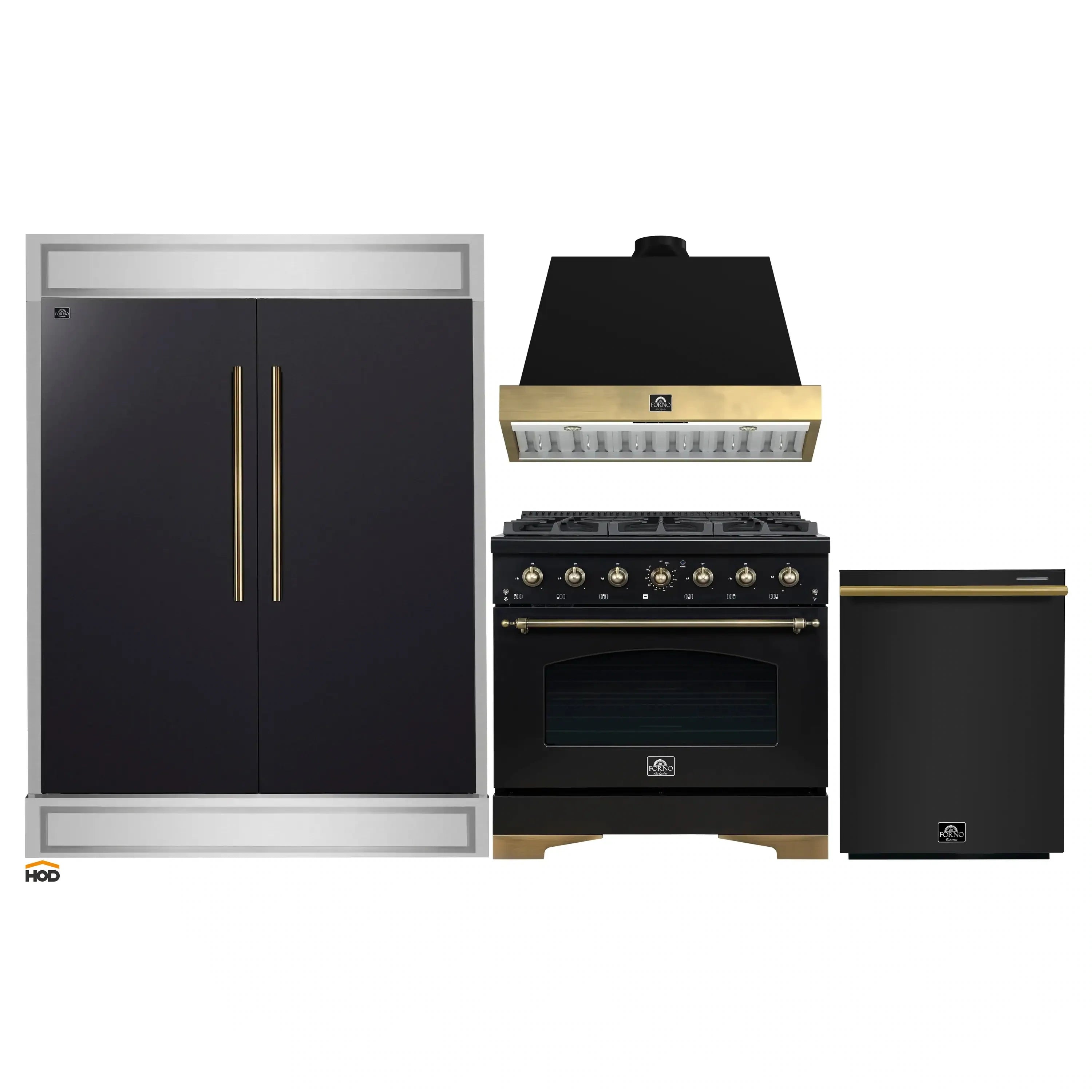Black refrigerator, gas range, and dishwasher set with antique brass handles and trim