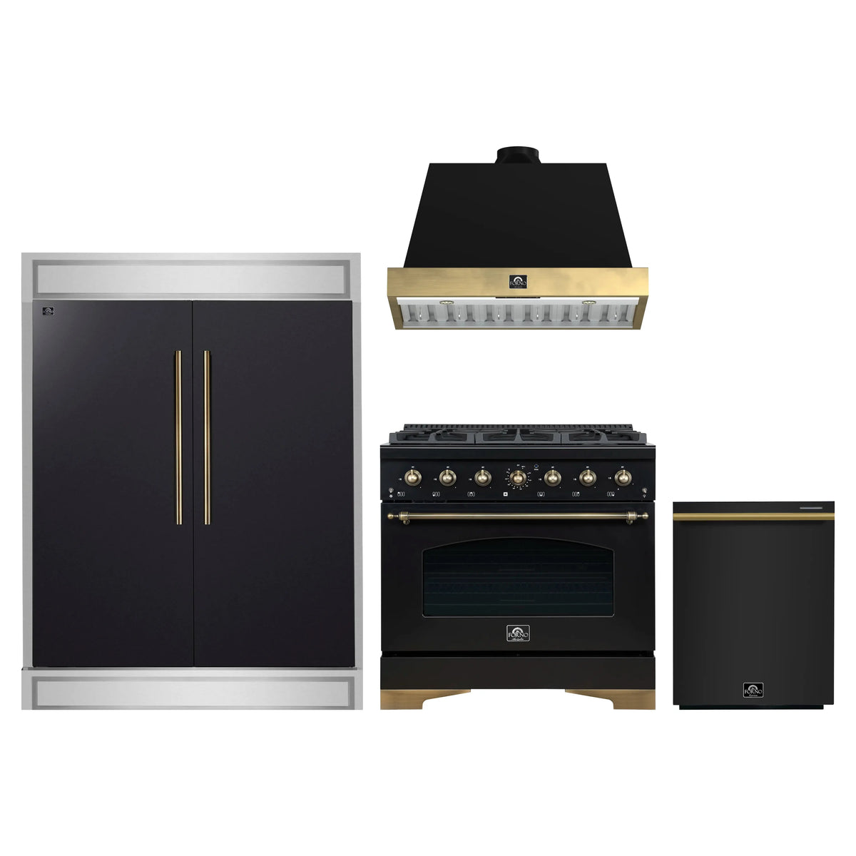 Forno 4-Piece Appliance Package - 36-Inch Gas Range, Wall Mount Range Hood, 60-Inch Convertible Refrigerator with Modern Trim, and Dishwasher in Black with Antique Brass Trim