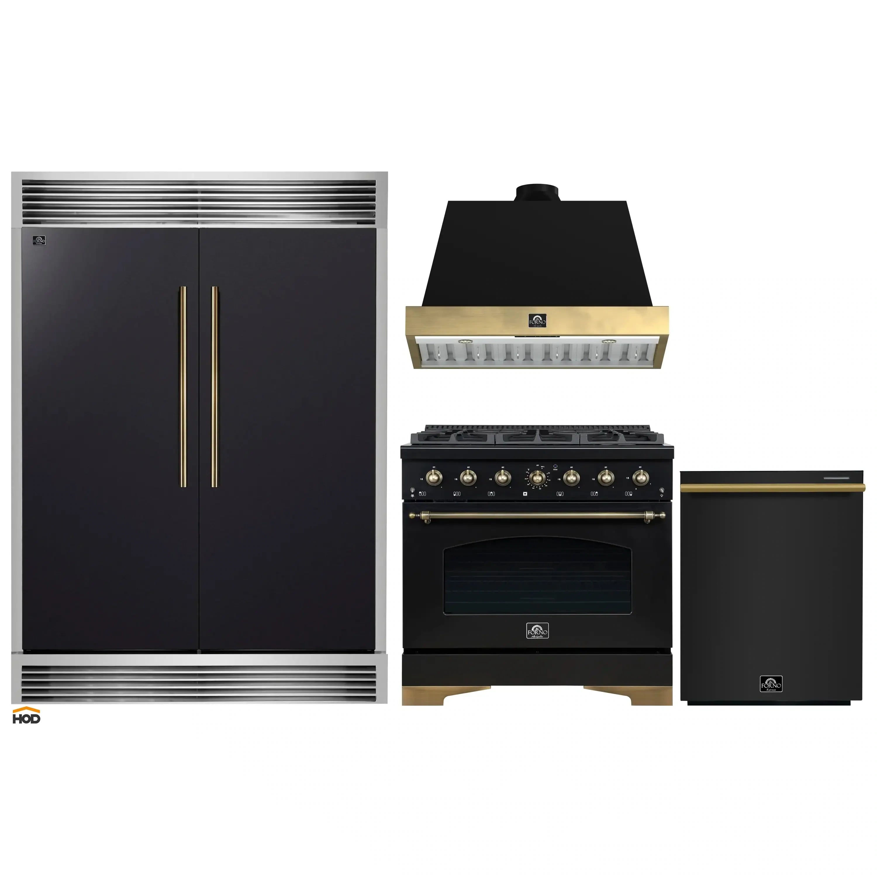 Black appliance package: 36-in gas range, wall hood, 60-in convertible refrigerator, dishwasher