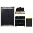 Forno 4-Piece Appliance Package - 36-Inch Gas Range, Wall Mount Range Hood, 60-Inch Convertible Refrigerator with Modern Grille Trim, and Dishwasher in Black with Antique Brass Handle