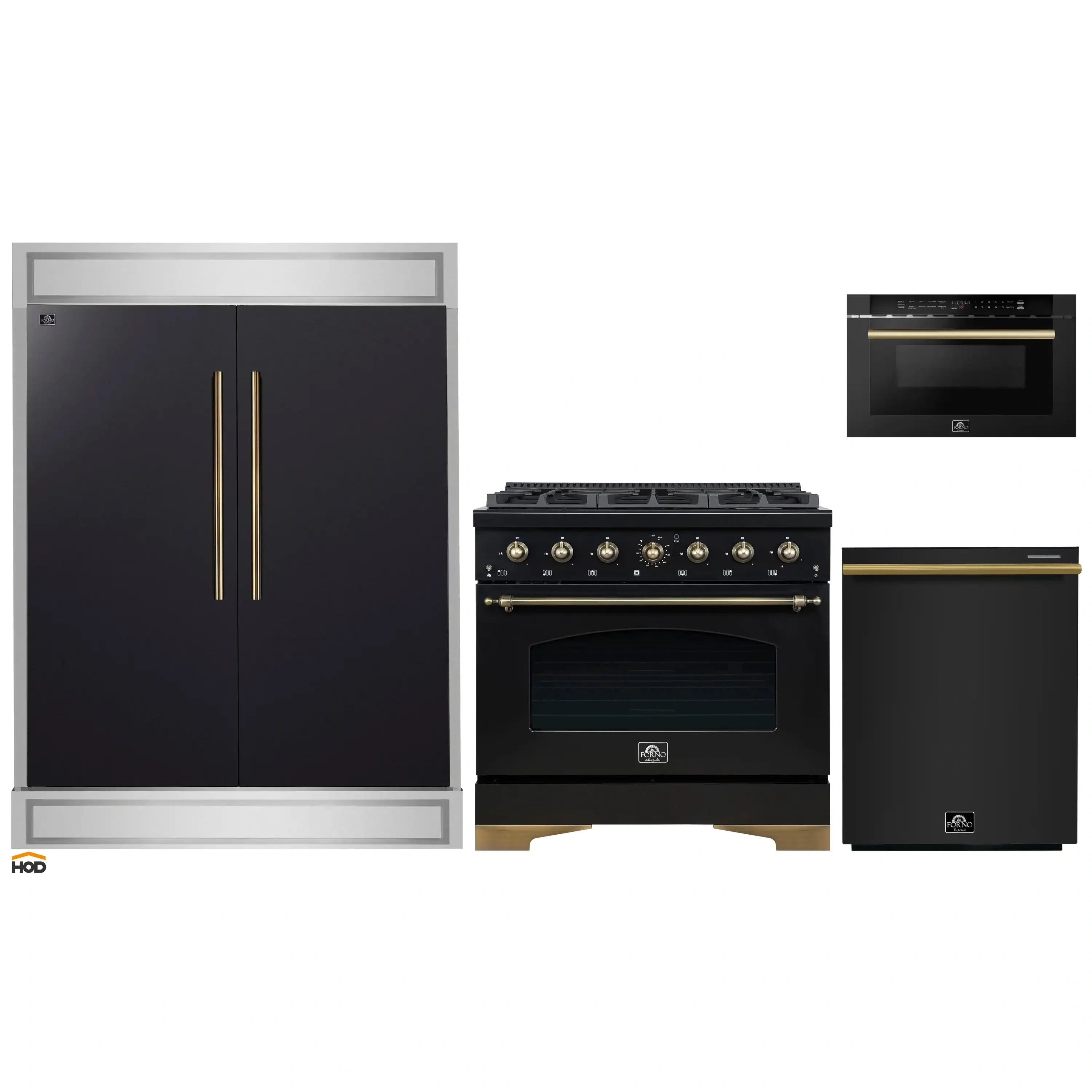 Black kitchen appliance set with refrigerator doors, gas range, oven, and microwave