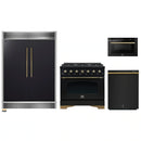 Forno 4-Piece Appliance Package - 36-Inch Gas Range, 60-Inch Convertible Refrigerator with Modern Grille Trim, Dishwasher, and 24-Inch Microwave Drawer in Black with Antique Brass Handle