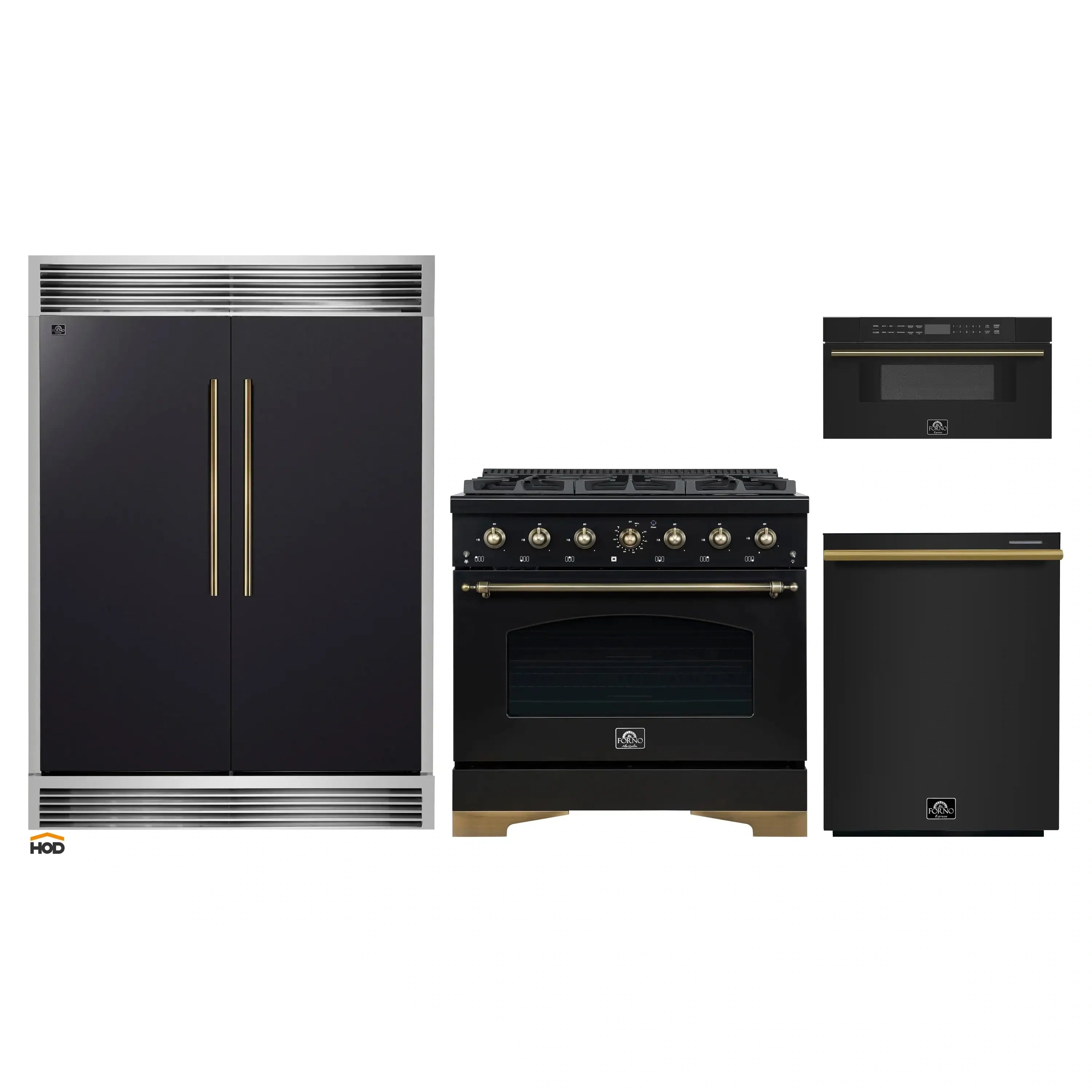 4-piece black kitchen appliance package: refrigerator, gas range, dishwasher, and microwave drawer