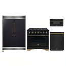 Forno 4-Piece Appliance Package - 36-Inch Gas Range, 60-Inch Convertible Refrigerator with Modern Grille Trim, Dishwasher, and 30-Inch Microwave Drawer in Black with Antique Brass Handle