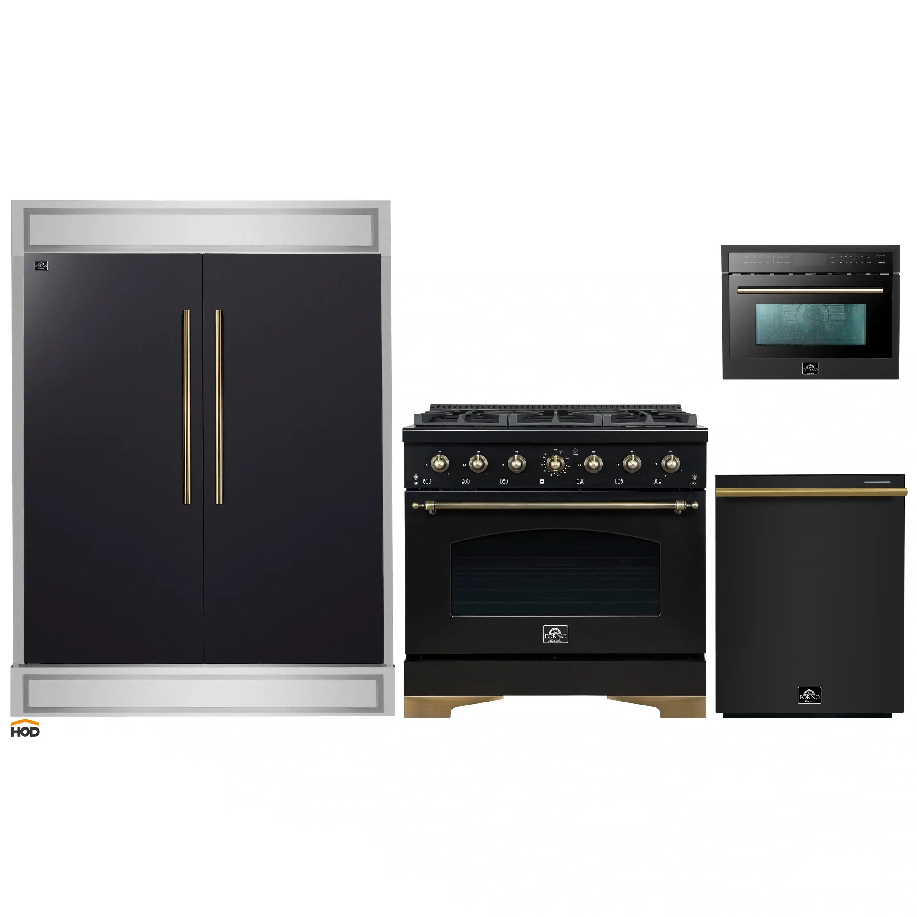 Black four-piece appliance set with gold trim: range, oven, dishwasher, microwave