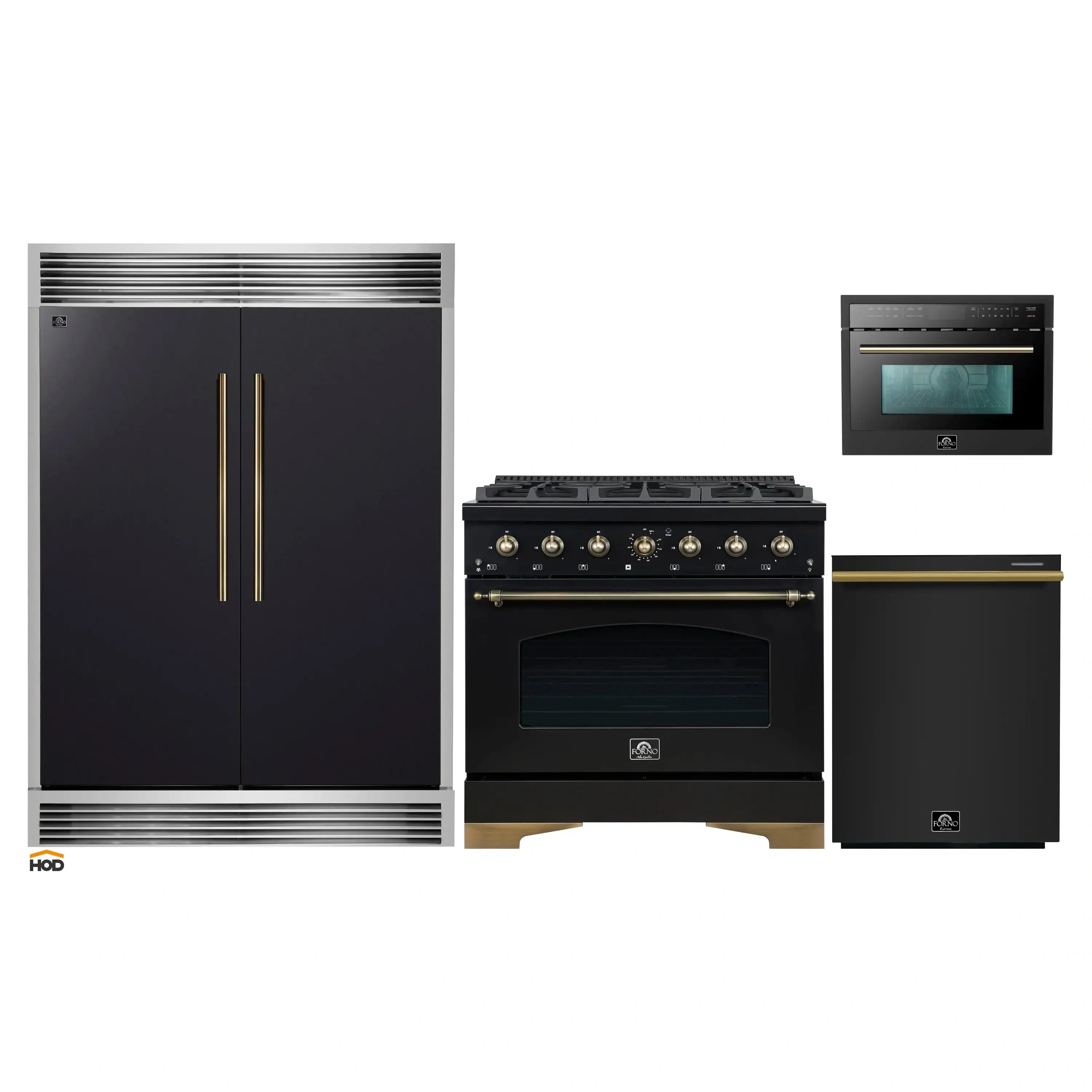 Black kitchen appliance package with refrigerator, gas range, microwave, and dishwasher