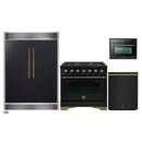 Forno 4-Piece Appliance Package - 36-Inch Gas Range, 60-Inch Convertible Refrigerator with Modern Grille Trim, Dishwasher, and 24-Inch Microwave Oven in Black with Antique Brass Handle