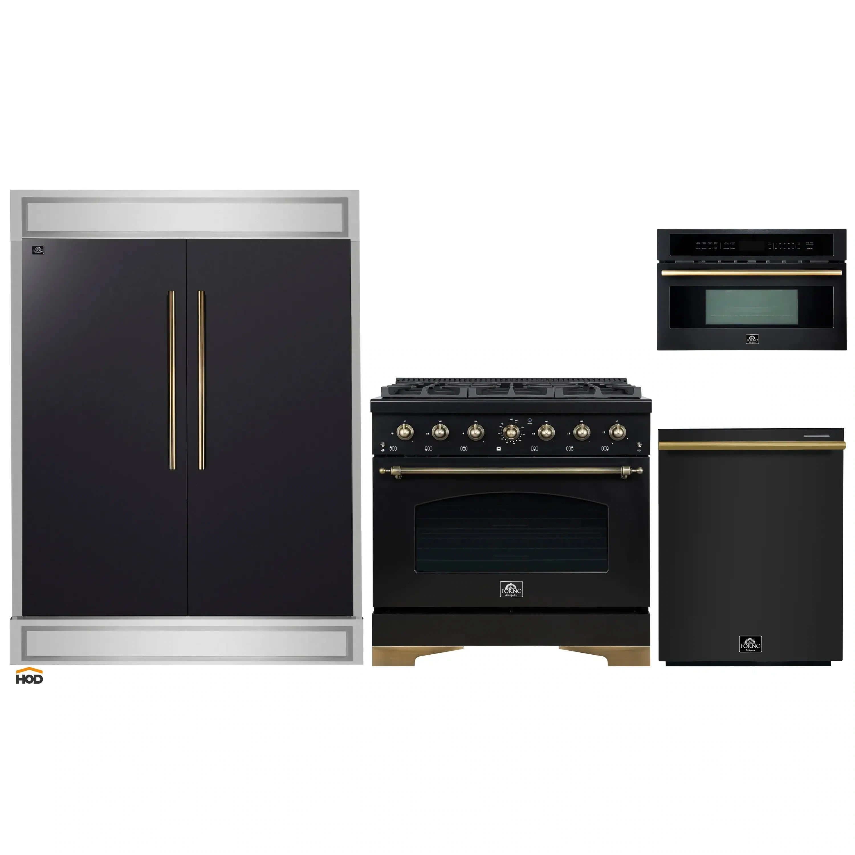 4-piece black appliance set with antique brass accents: fridge, range, microwave, dishwasher