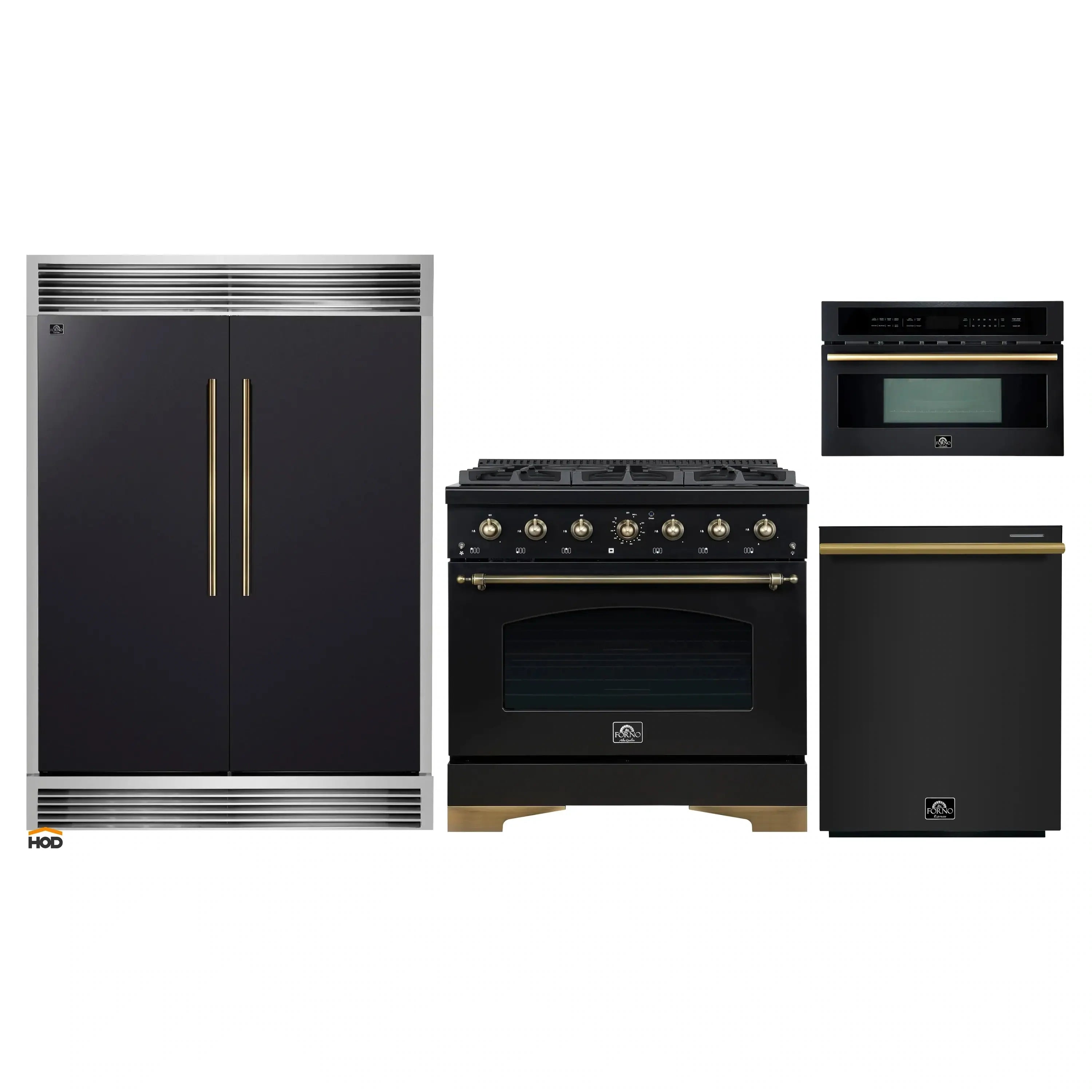 4-piece black appliance set with antique brass trim and displays