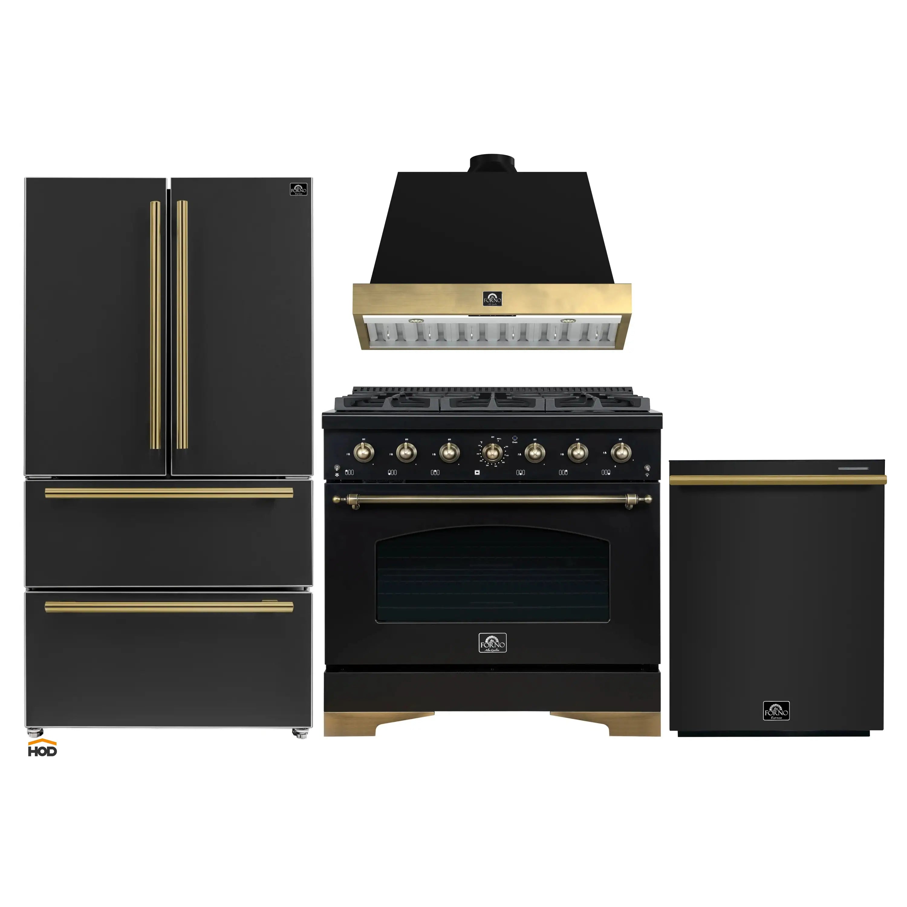 Forno Antico appliance package in black with antique brass accents, four-piece set