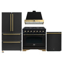 Forno Antico 4-Piece Appliance Package - 36-Inch Gas Range, 36-Inch Hood, 36-Inch Refrigerator, & 24-Inch Dishwasher in Black with Antique Brass Trim