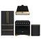 Forno Antico 4-Piece Appliance Package - 36-Inch Gas Range, 36-Inch Hood, 36-Inch Refrigerator, & 24-Inch Dishwasher in Black with Antique Brass Trim