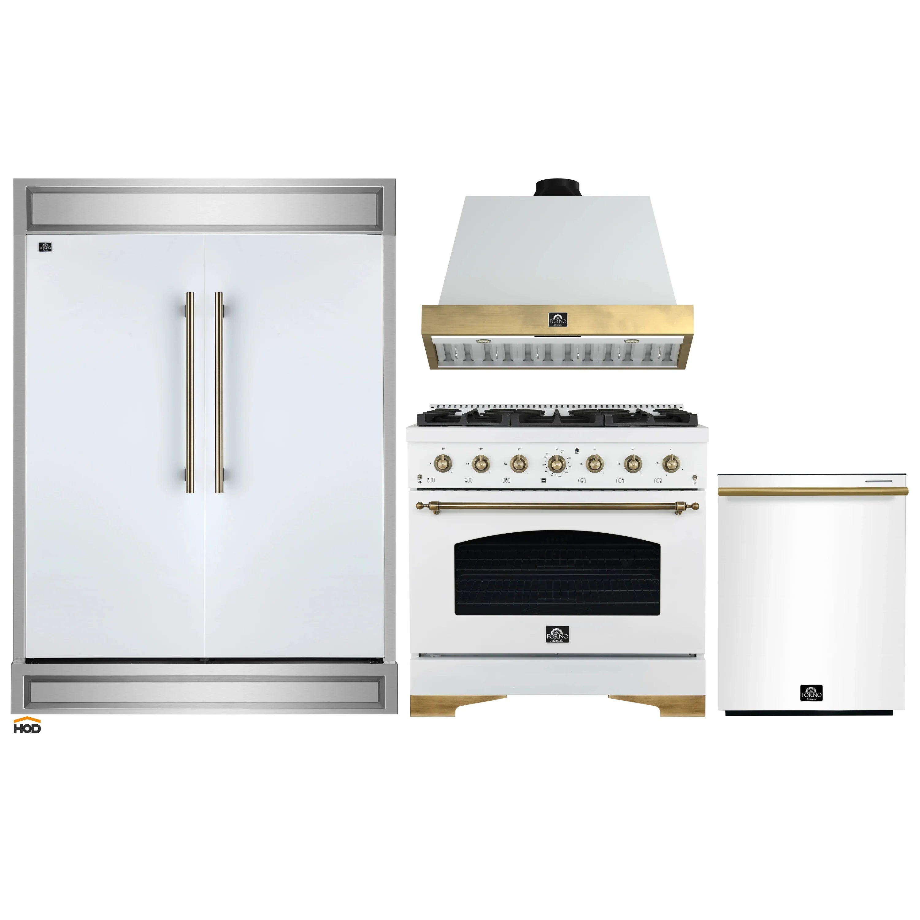 Appliance package featuring white refrigerator, gas range, range hood, and dishwasher