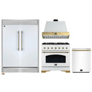 Forno 4-Piece Appliance Package - 36-Inch Antico Gas Range, Wall Mount Range Hood, 60-Inch Refrigerator, Dishwasher in White with Antique Brass Handle
