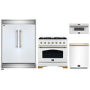 Forno 4-Piece Appliance Package - 36-Inch Gas Range, 60-Inch Refrigerator, Dishwasher, & 30-Inch Microwave Drawer in White with Antique Brass Handle
